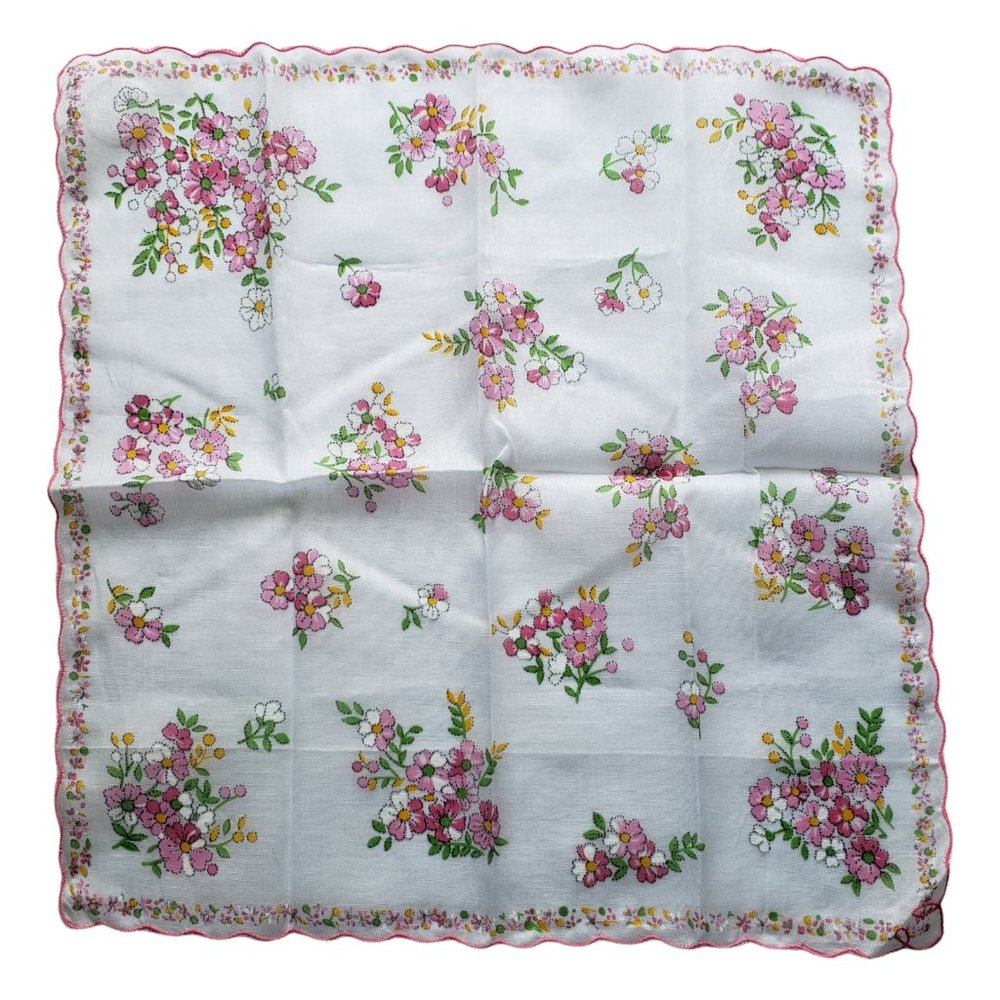Vintage Ladies Handkerchief /Hankies Pink Scalloped Flower Bunches